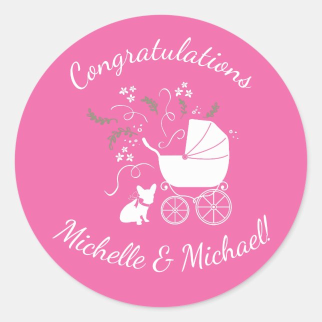 Sticker Rond Français Baby shower Bulldog Français Français ros (Devant)