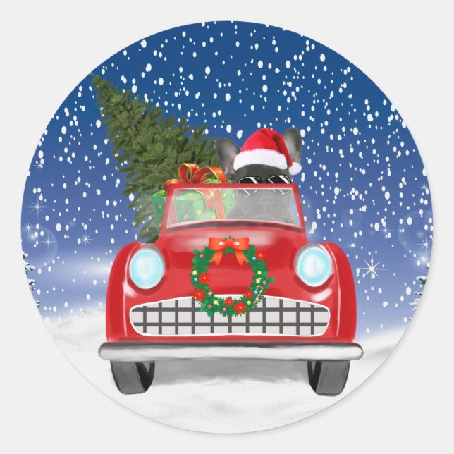 Sticker Rond Français Bulldog Driving Car En Noël De Neige (Devant)