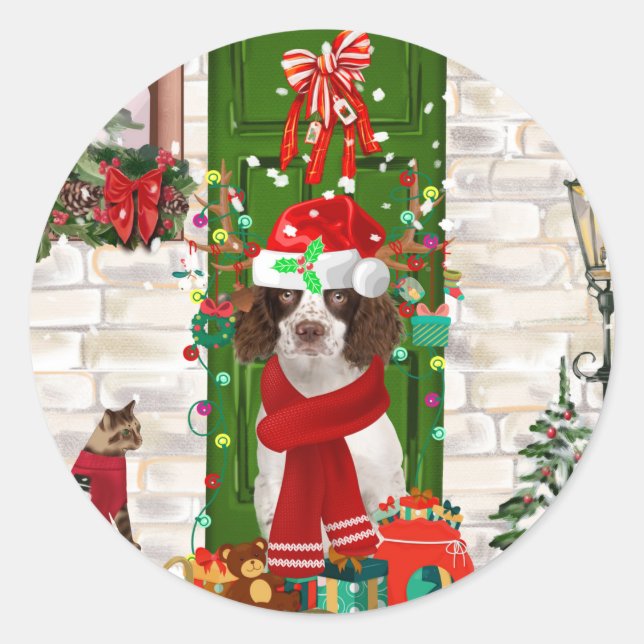 Sticker Rond Français Springer Spaniel Chien Noël (Devant)