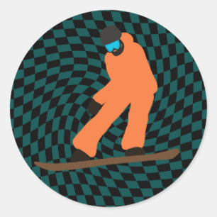 Sticker Rond Freeride Snowboardeur En Costume Orange À damiers