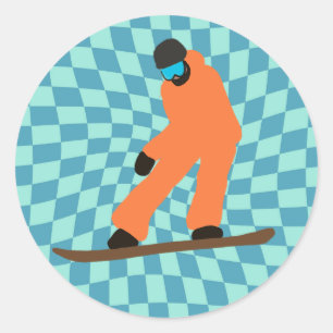 Sticker Rond Freeride Snowboardeur En Costume Orange À damiers