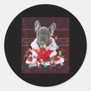 Sticker Rond French bulldog Christmas Lights Ugly Sweater Dog