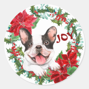 Sticker Rond French Bulldog Joy Poinsettia Christmas Wreath