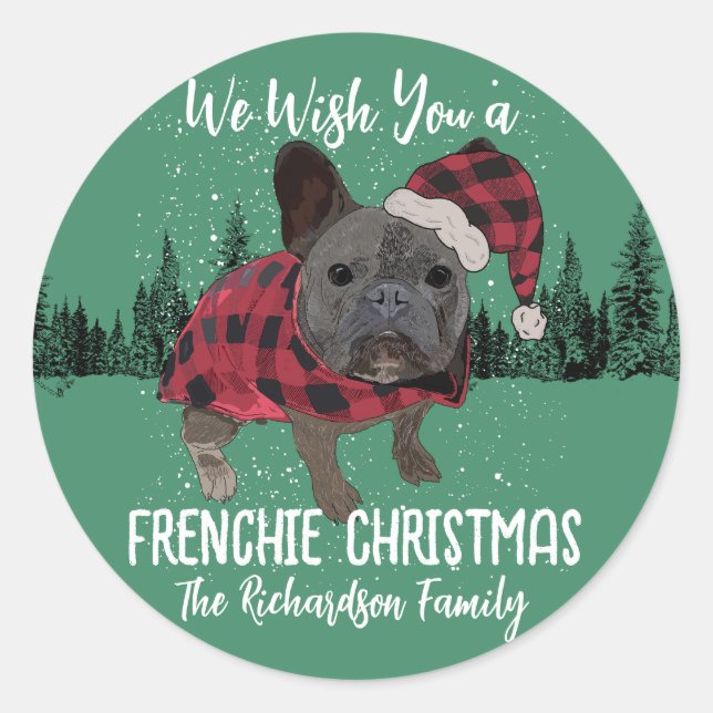 Sticker Rond French Bulldog Noël Chien personnalisé Frenchie (Devant)