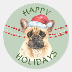 Sticker Rond French Bulldog Santa Hat Joyeux jours fériés