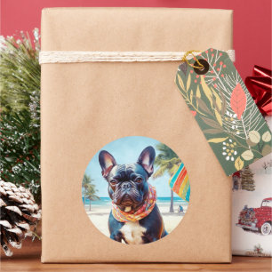 Sticker Rond French Bulldog sur la plage, cadeau d'été pour amo