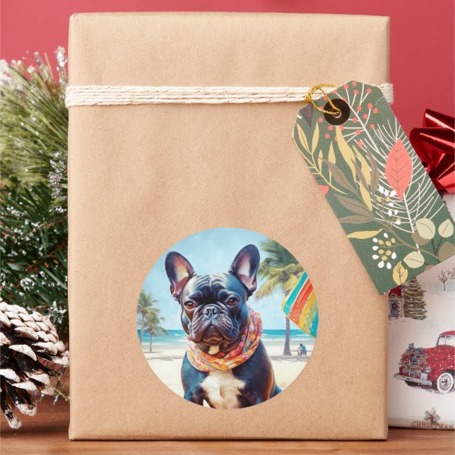 Sticker Rond French Bulldog sur la plage, cadeau d'été pour amo (vacances)