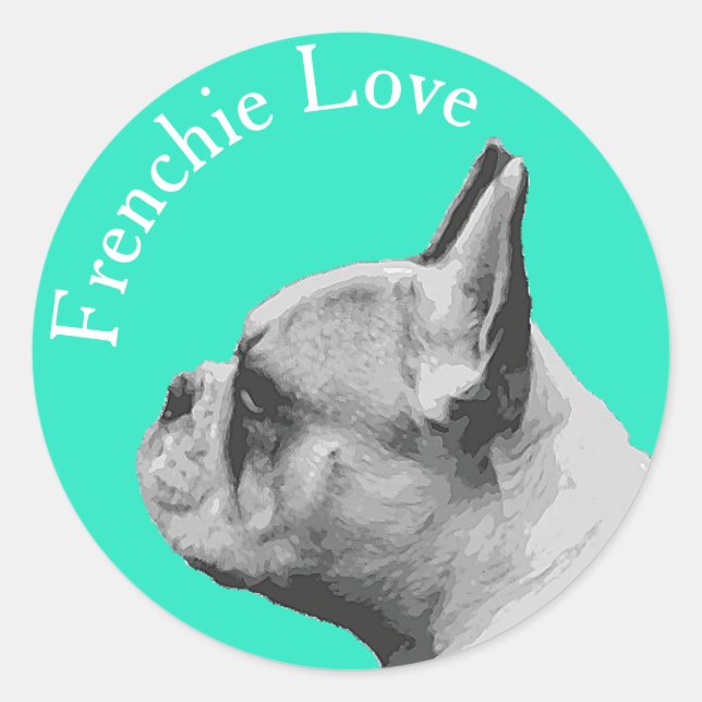 Sticker Rond French Love / French Bulldog | Couleur Aqua (Devant)