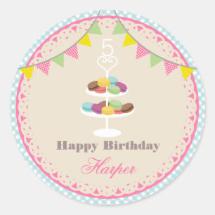 Sticker Rond French Macarons Anniversaire En vichy Bleu