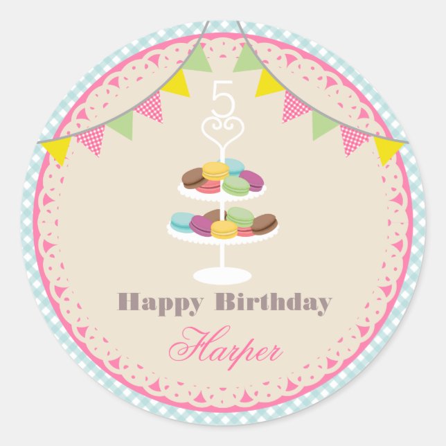 Sticker Rond French Macarons Anniversaire En vichy Bleu (Devant)