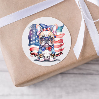 Sticker Rond Frenchie Bulldog Mom Patriotic USA Flag 