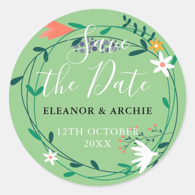 Sticker Rond Fresh Spring Floral Garland Enregistrer la date (Devant)