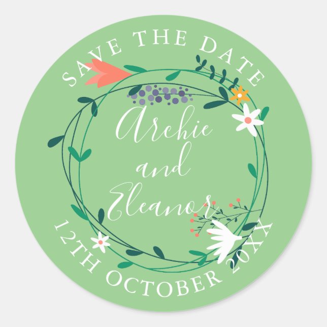 Sticker Rond Fresh Spring Floral Garland Enregistrer la date (Devant)