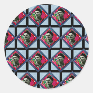 Sticker Rond Frida Kahlo Retro Pink Denim