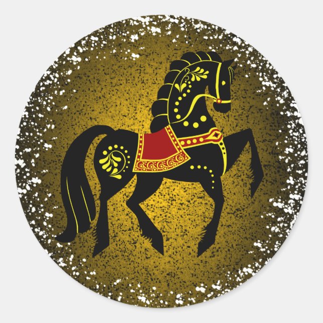 Sticker Rond Friesian Folk étalon noir / beauté, neige, or (Devant)
