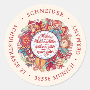 Sticker Rond Frohe Weihnachten Wreath German Red Adresse de ret