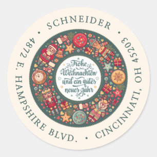 Sticker Rond Frohe Weihnachten Wreath USA Green Return Adresse