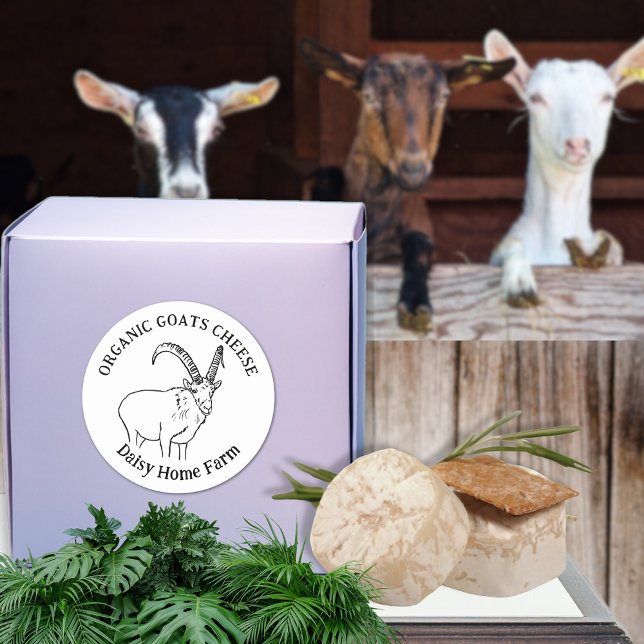 Sticker Rond Fromage de chèvre Noir et blanc Nom commercial (Organic goats cheese custom business name labels black and white simple farm goat drawing)