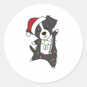 Sticker Rond Frontière Collie Chien de Noël Animaux d'hiver Chi