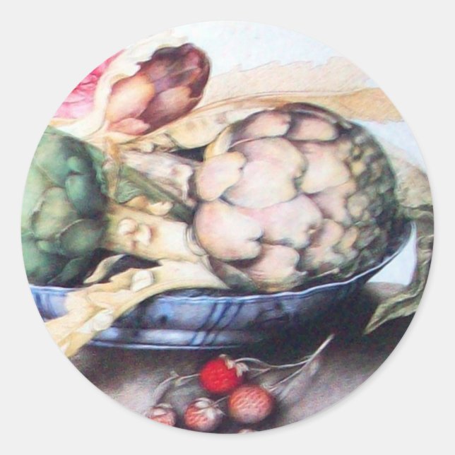STICKER ROND FRUITS DE SAISON 4- ARTICHOKES, ROSE & FRAISES (Devant)