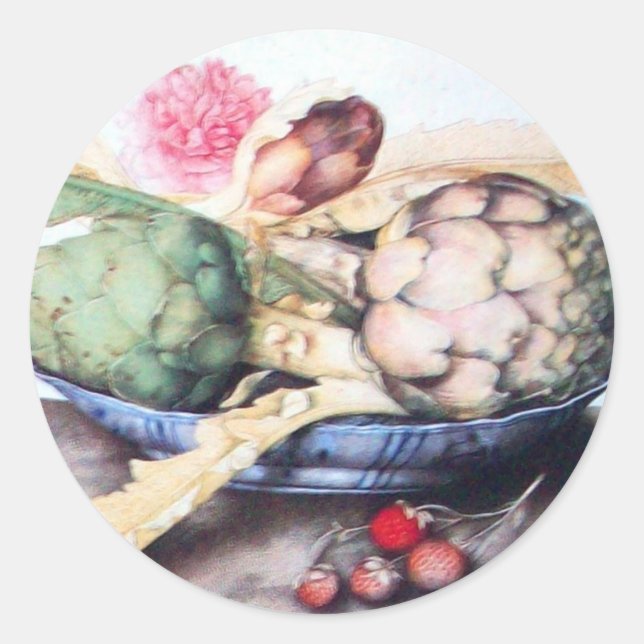 STICKER ROND FRUITS DE SAISON 4- ARTICHOKES, ROSE & FRAISES (Devant)