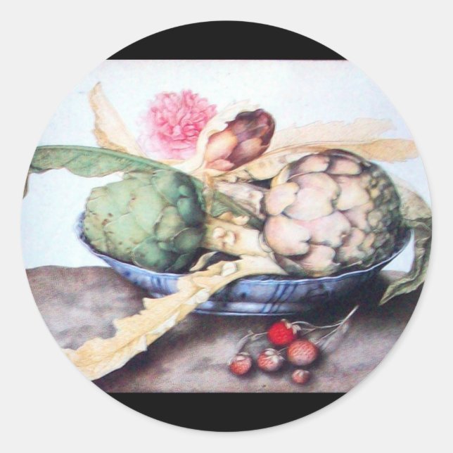 STICKER ROND FRUITS DE SAISON 4- ARTICHOKES, ROSE & FRAISES (Devant)