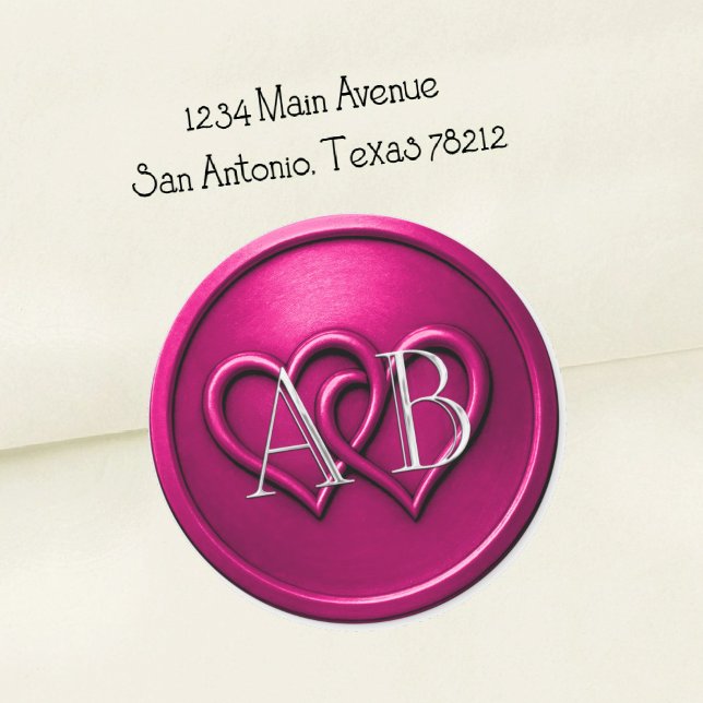 Sticker Rond Fuchsia Deux Cœurs Entrelacés Monogramme Mariage (Créateur téléchargé)
