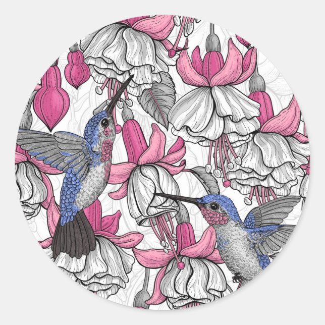 Sticker Rond Fuchsia et colibris blancs (Devant)