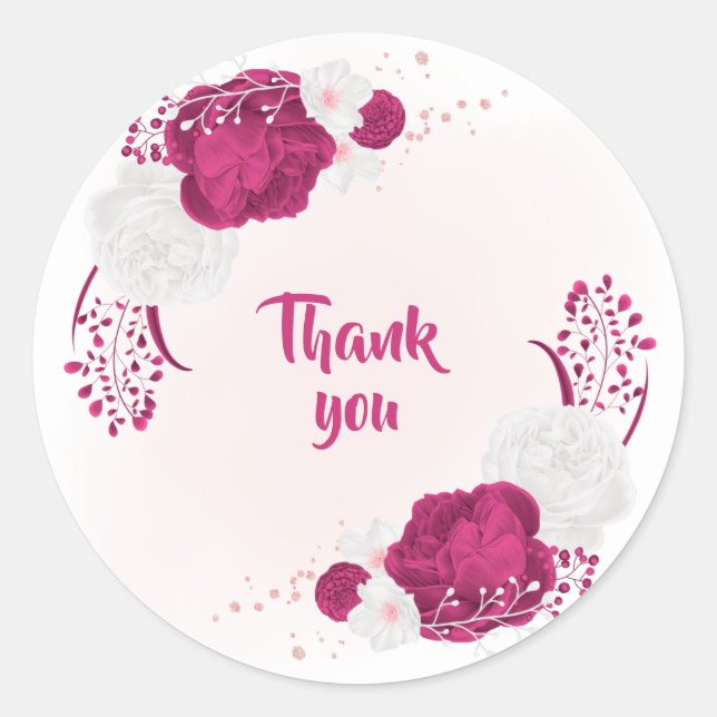 Sticker Rond fuchsia & fleurs blanches merci (Devant)