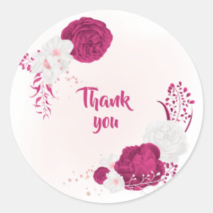 Sticker Rond fuchsia & fleurs blanches merci