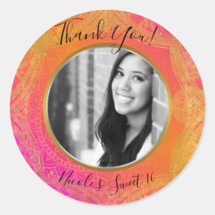 Sticker Rond Fuchsia Pink Orange Gold Mandala