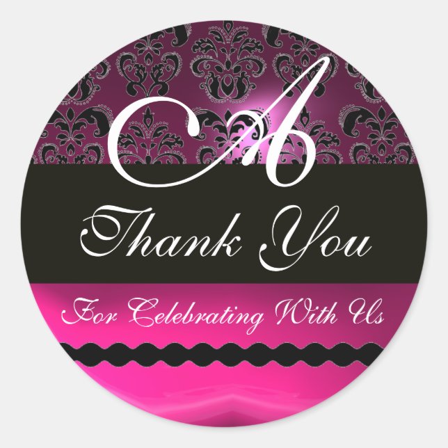 Sticker Rond FUCHSIA ROSE PURPLE DAMASK MONOGRAMME, violet (Devant)
