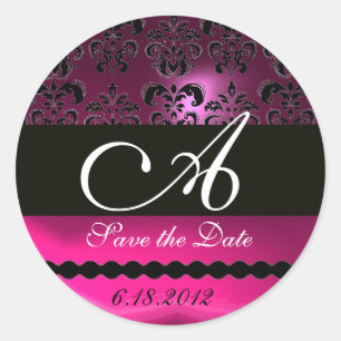 Sticker Rond FUCHSIA ROSE PURPLE DAMASK MONOGRAMME, violet