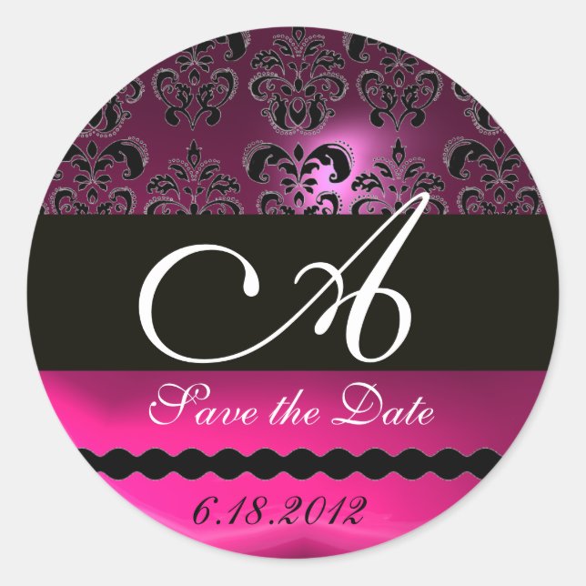 Sticker Rond FUCHSIA ROSE PURPLE DAMASK MONOGRAMME, violet (Devant)
