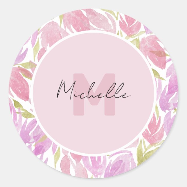 Sticker Rond Fuchsia rose vert Aquarelle Fleurs Monogramme (Devant)