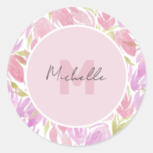 Sticker Rond Fuchsia rose vert Aquarelle Fleurs Monogramme