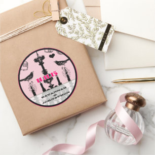 Sticker Rond Fuchsia Vintage Lustre rose Mariage d'oiseaux