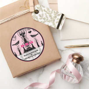 Sticker Rond Fuchsia Vintage Lustre rose Mariage d'oiseaux