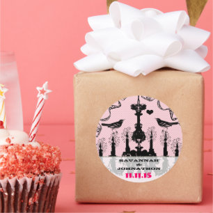 Sticker Rond Fuchsia Vintage Lustre rose Mariage d'oiseaux