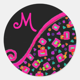 STICKER ROND FUCHSIE ROSE NOIR DÉCO MONOGRAM ABSTRAIT