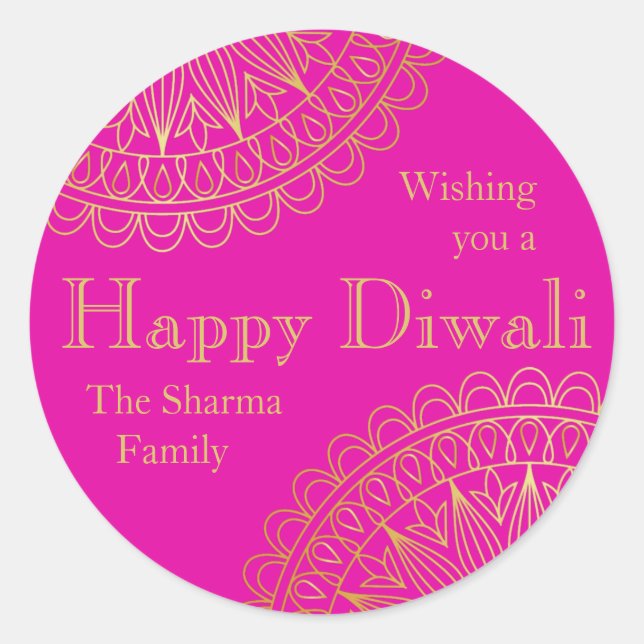 Sticker Rond Fucshia et Gold Diwali Party Favoriser (Devant)