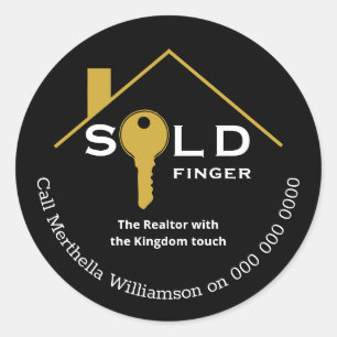 Sticker Rond Fun Black Gold VENDU FINGER Agent immobilier