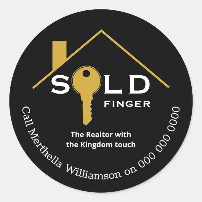Sticker Rond Fun Black Gold VENDU FINGER Agent immobilier (Devant)