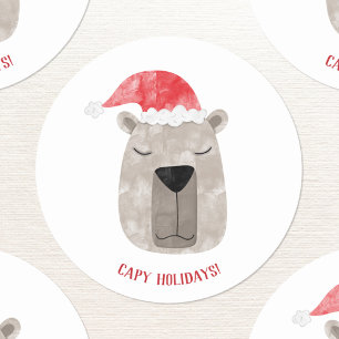 Sticker Rond Fun Capybara Santa Hat Noël