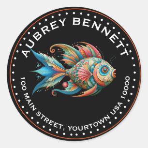 Sticker Rond FUN COLORE PEINTE POISSON Nom et adresse