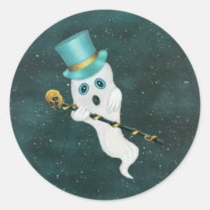 Sticker Rond Fun Flottant Ghost Aqua Top Hat Skull Canne dans l