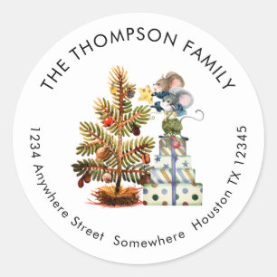 Sticker Rond Fun Mice Christmas Tree Nom Adresse de retour