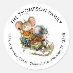 Sticker Rond Fun Mice Sleigh Nom Adresse de retour