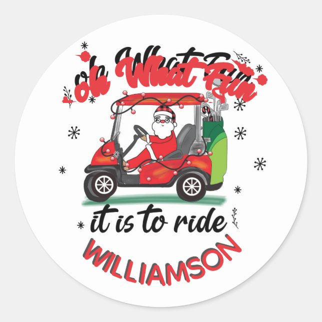 Sticker Rond Fun Père Noël Golf Cart Famille (Devant)