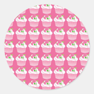 Sticker Rond Fun Summer Anniversaire Hot Pink Cupcake Motif